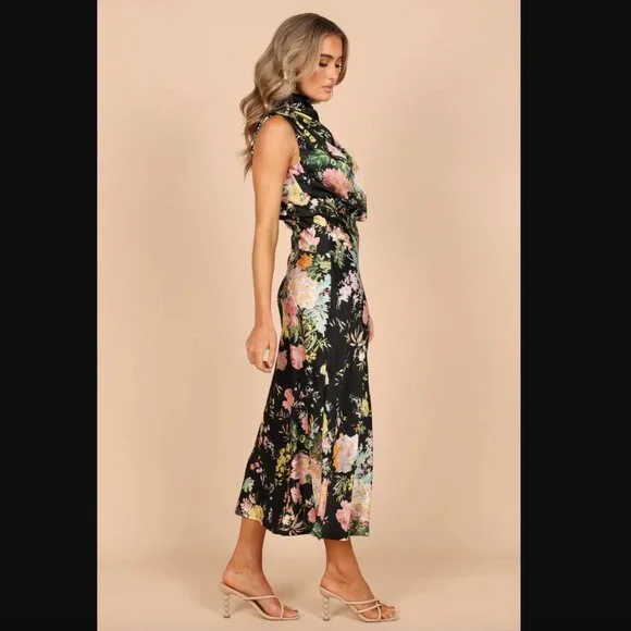 Petal & Pup Anabelle Black Floral Satin Halter High Neck Midi Dress XL - Picture 4 of 11